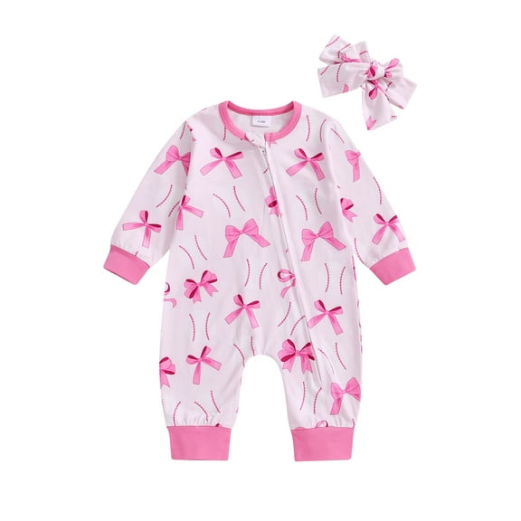 Newborn Baby Girl Bow Jumpsuit Baseball/Cherry Print Zip-up Long Sleeve Romper with Headband Spring Fall Clothes