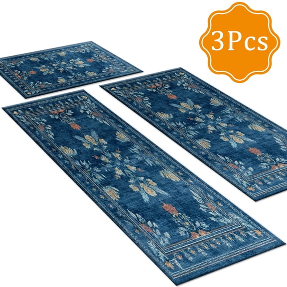 BlueDreamer Kitchen Rugs 3Pcs, Non Slip Kitchen Mats for Floor Waterproof & Stain Resistant Carpet Area Rug for Kitchen, Laundry Room, Hallway