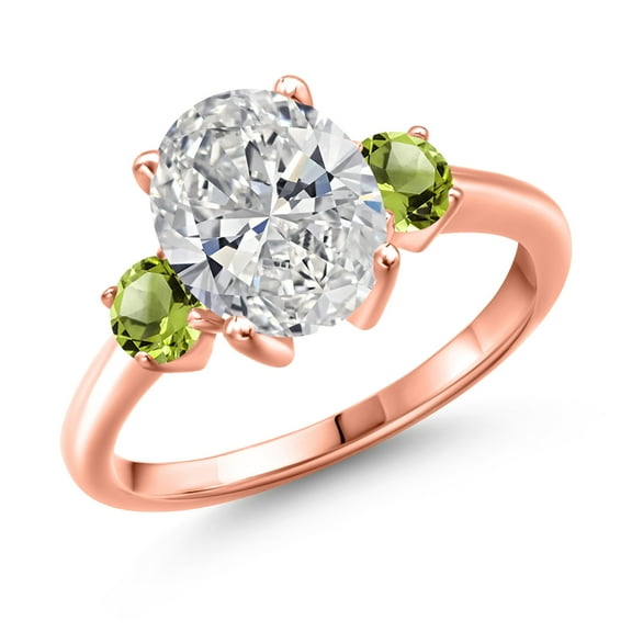 2.60 cttw IGI Certified Lab Grown Diamond and Green Peridot 3-Stone Engagement Ring for Women | 18K Rose Gold Plated Silver | Center 2.00 Ct Diamond | E-F Color | VS1-VS2 Clarity | Size 7