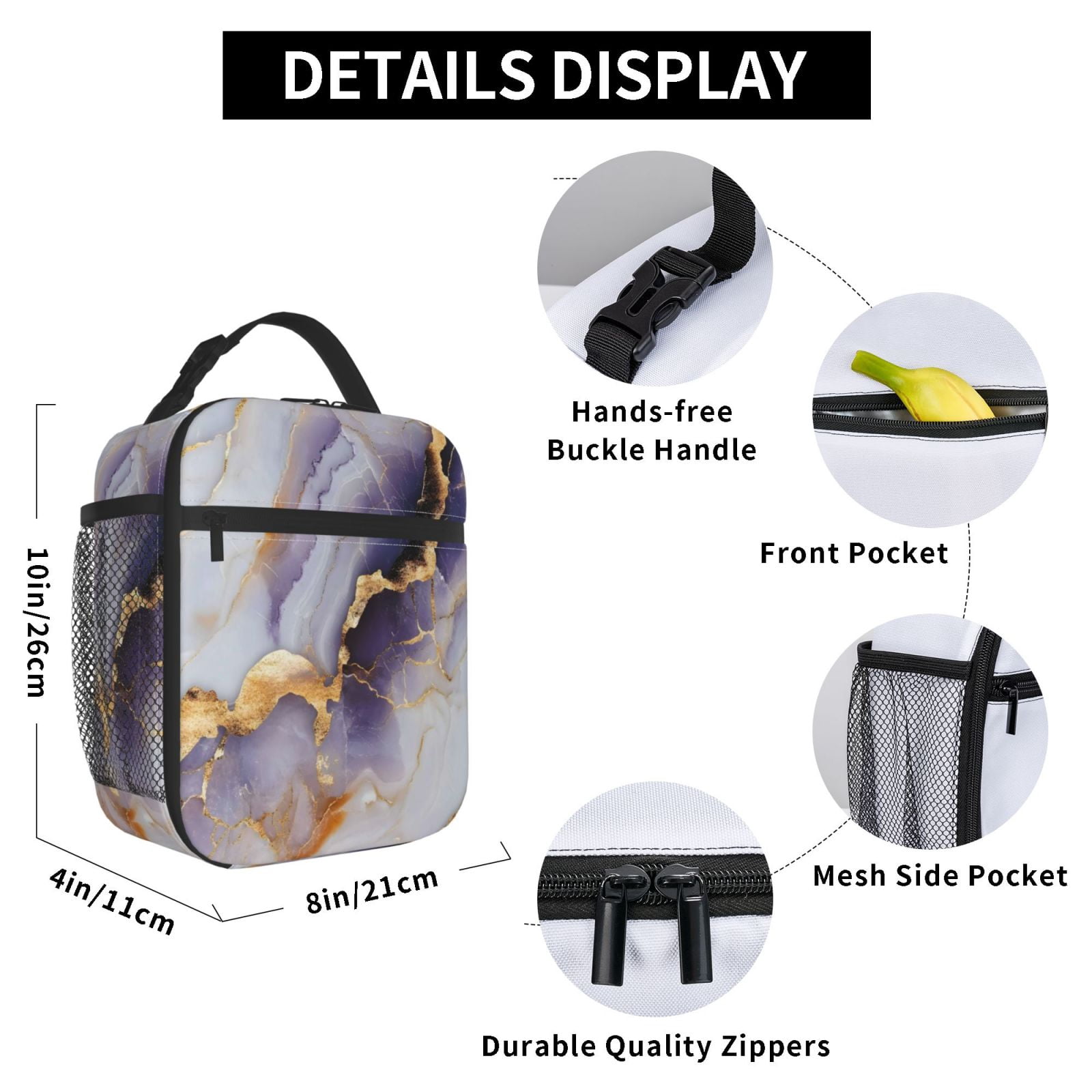 Lunch Bag For Women Men Insulated Portable Lunch Box Bento Box Office Picnic Travel Cooler Bag Purple-White-Gold Marble