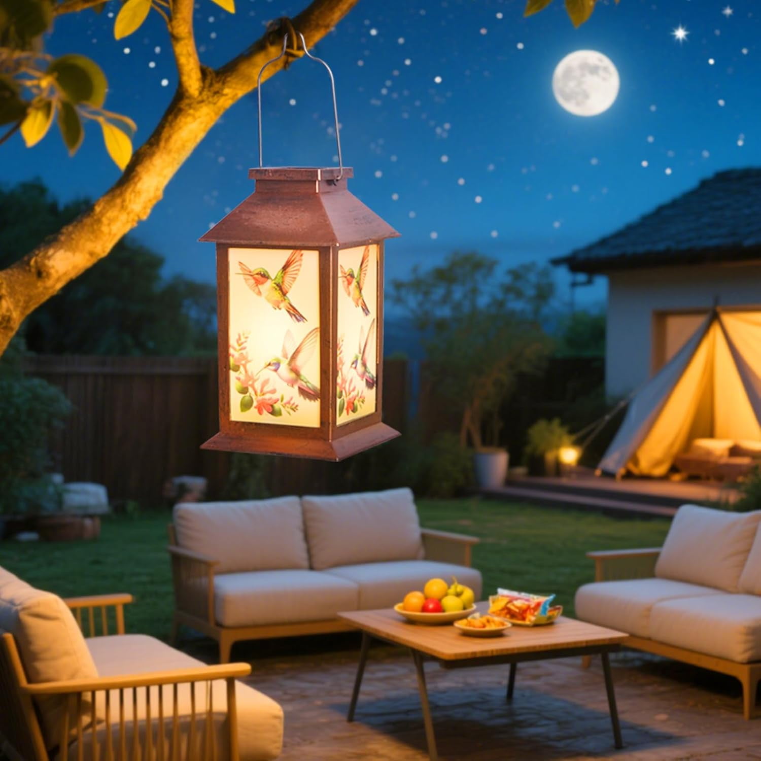 Hummingbird Solar Lantern House - Waterproof Hanging Wind Chimes Garden Lights | Geometric Cutouts, Auto On/Off Warm White for Patio/Yard/Pathway