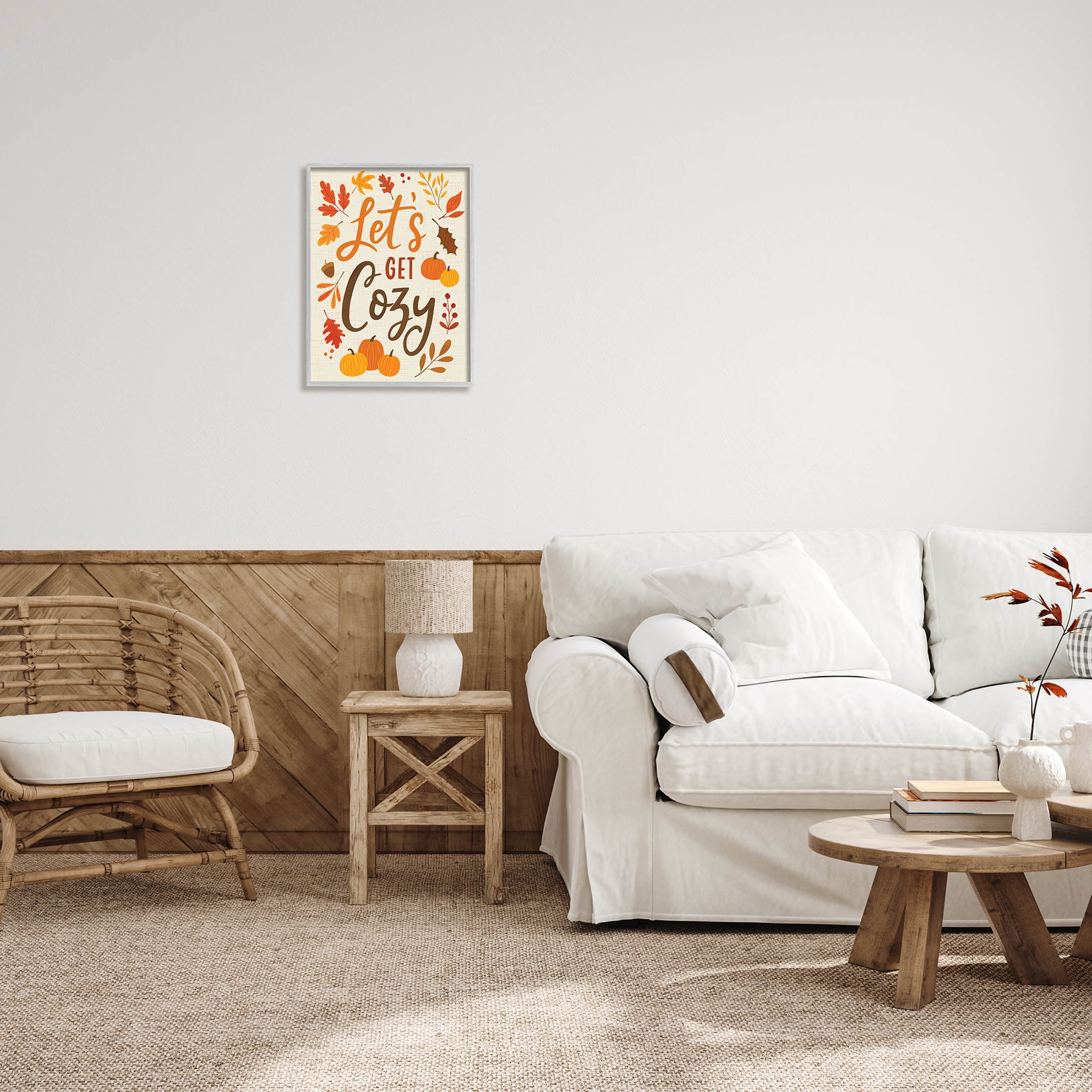 Lets Get Cozy Autumnal Leaf Sprigs Holiday Graphic Art Gray Framed Art Print Wall Art