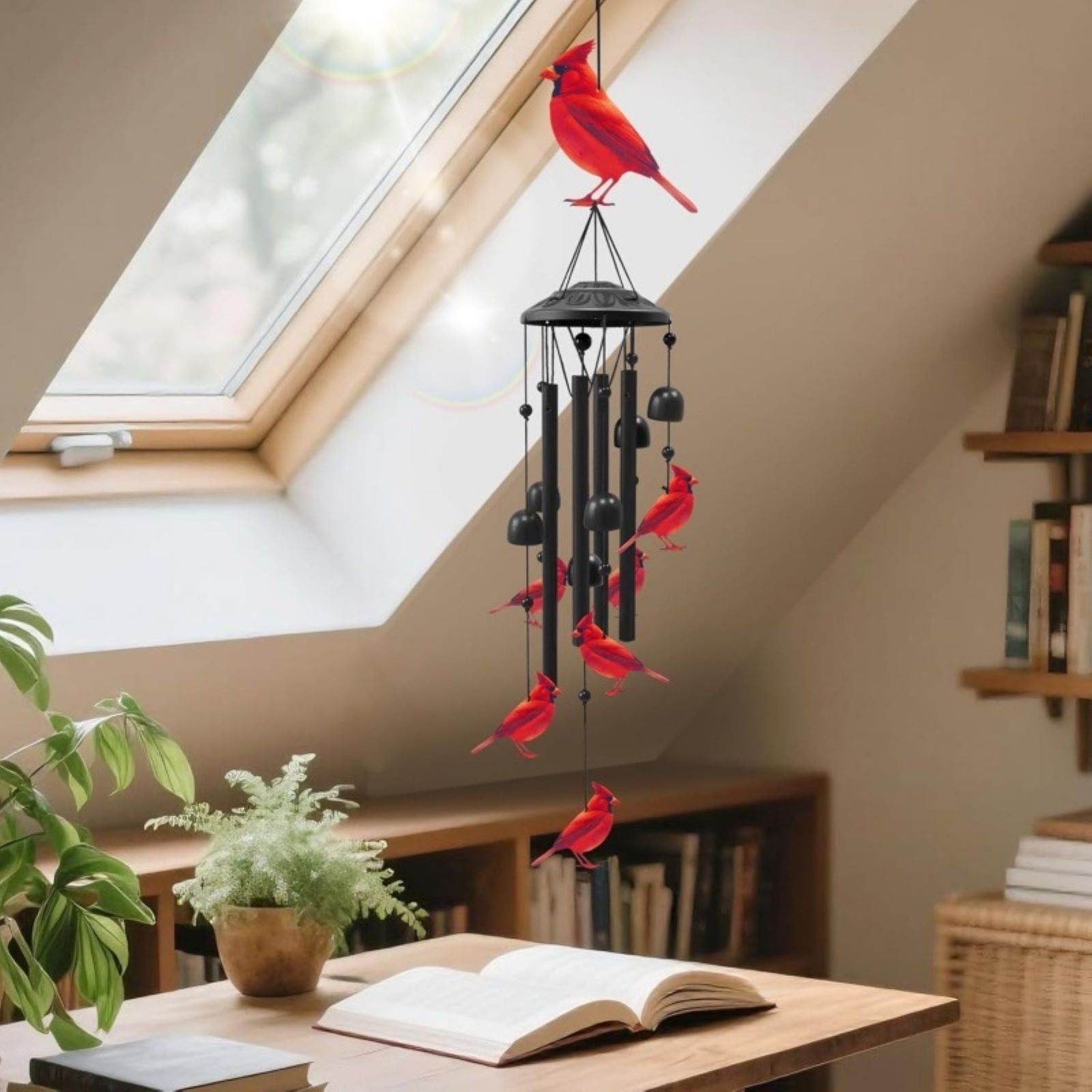 Outdoor Red Bird Wind Chime With Metal Construction, Soothing Sound And Handcrafted Design For Garden, Patio And Home Decor, 33.7 X 4.33 In 0.485 Lb