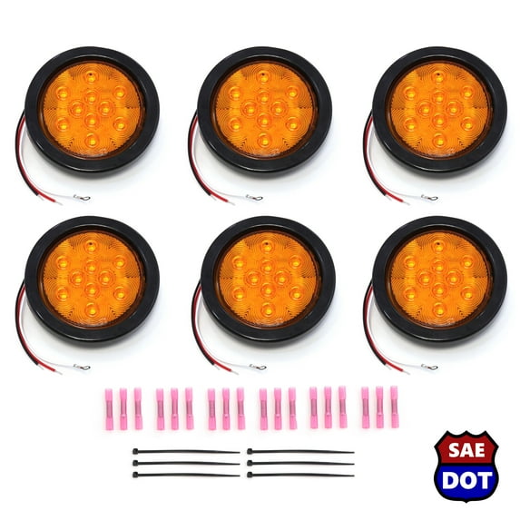 4 Inches Round 6 Pack Amber 10 LED Stop Turn Running Light Brake Flush Truck Trailer DOT Compliant Includes Deluxe Install Kit with Grommets, Connectors and Ties