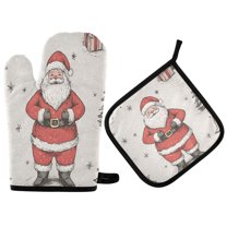 Yayeee Oven Mitts and Pot Holder Set of 2 Heat Resistant Kitchen Gloves Baking Hot Pad, Beige Christmas Santa