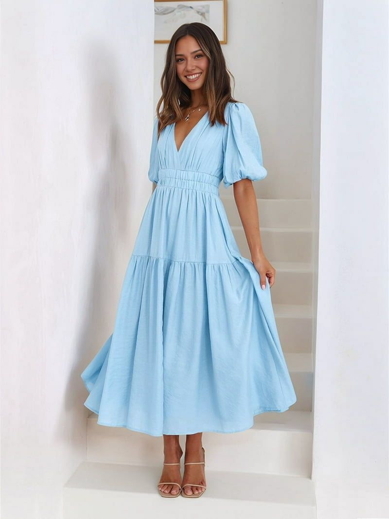 Women'S Deep V Neck Puff Short Sleeve Tiered Dress Elastic High Waist Flowy  A Line Midi Dresses Blue S - Walmart.com