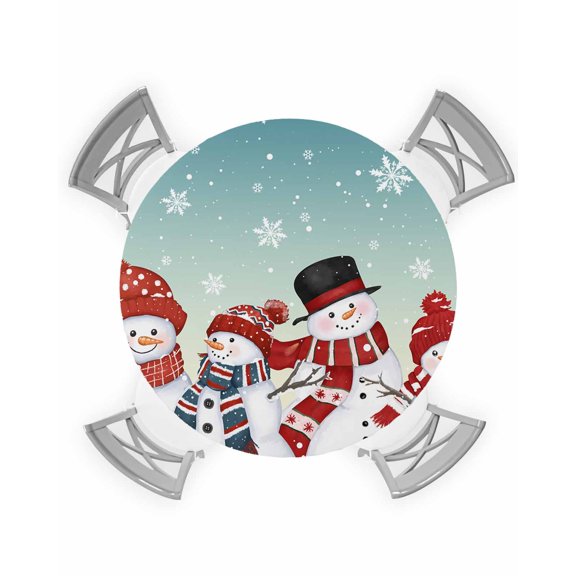 nqOlkjepod Teal Christmas Snowman Round Tablecloth, Fitted Table Cover with Elastic for 36"-44" Round Tables, Snowflake Winter Table Cloth Outdoor Indoor Dinning Party Waterproof Tablecloths
