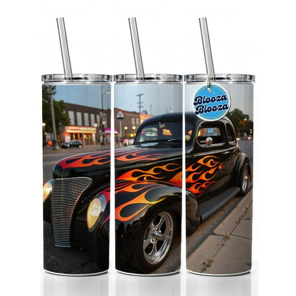 Black Hot Rod Classic Car With Flames 20oz Insulated Water Bottle Skinny Tumbler Includes Straw