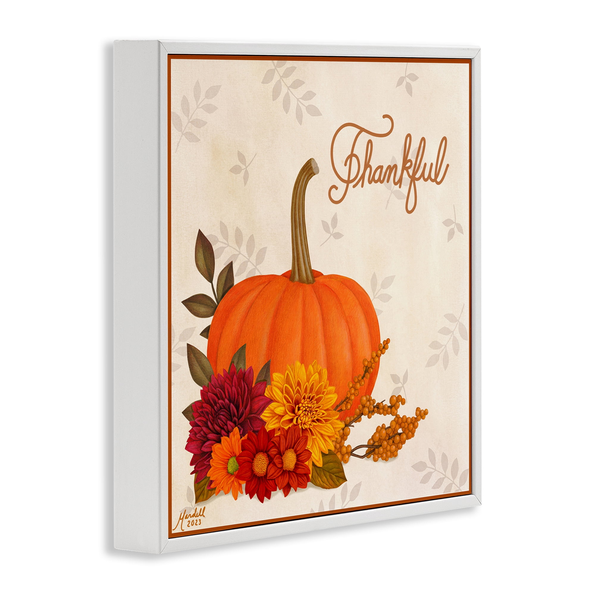 Stupell Industries Thankful Pumpkin & Florals Holiday Painting White Framed Art Prints Wall Art, 24 x 24