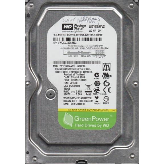 WD1600AVVS-63L2B0, DCM HGRNHTJAGN, Western Digital 160GB SATA 3.5 Hard Drive