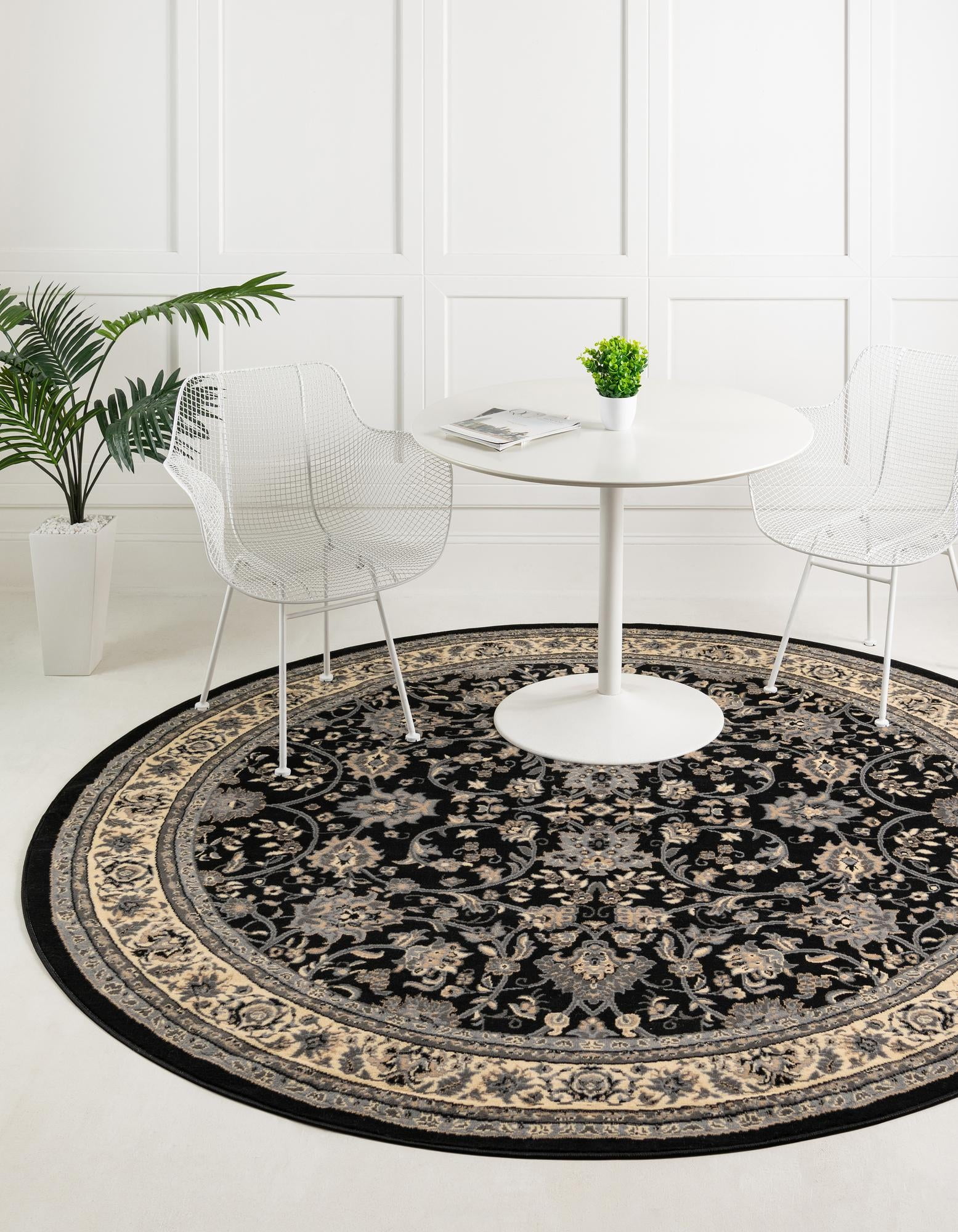 Rugs.com Yasmin Collection Rug – 8 Ft Round Black Medium Rug Perfect For Kitchens, Dining Rooms