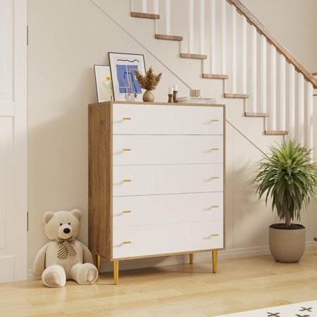 Farmhouse 5 Drawer Dresser for Bedroom - 44 Tall Wooden Chest for Living Room Hallway - Pine & White