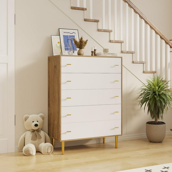 Farmhouse Dresser for Bedroom, 6-Drawer Wood Rustic Chest with Gold Bar Handles – Large Storage Organizer for Living Room, Hallway, Entryway – Pine Wood+White / Natural Wood / Antique White