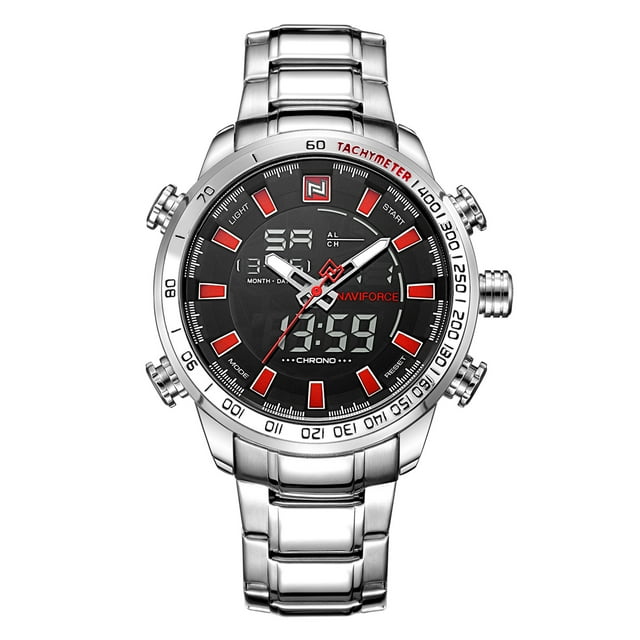 TFixol Men's Dual Display LED Quartz Watch with Stainless Steel Strap, Round Case, Date & Week Display, Stopwatch, Alarm Function - White Case Red Dial (NF9093#)