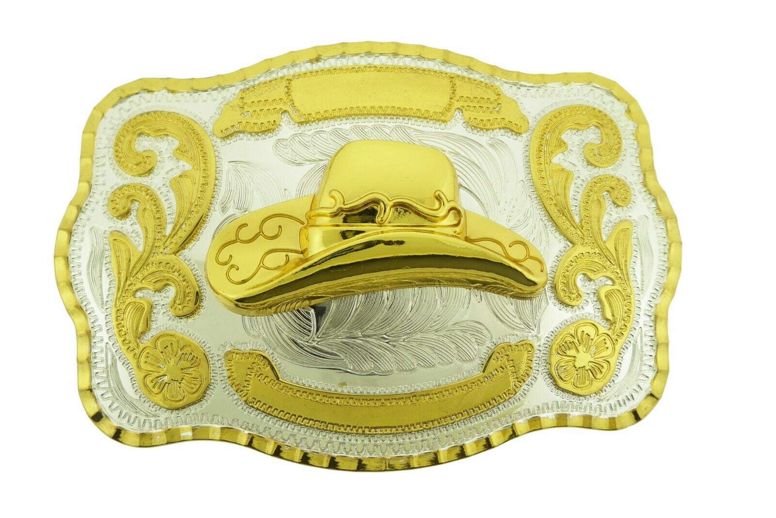 Cowboy Hat Belt Buckl Gold Silver TwoTone Metal Rodeo Costume Western