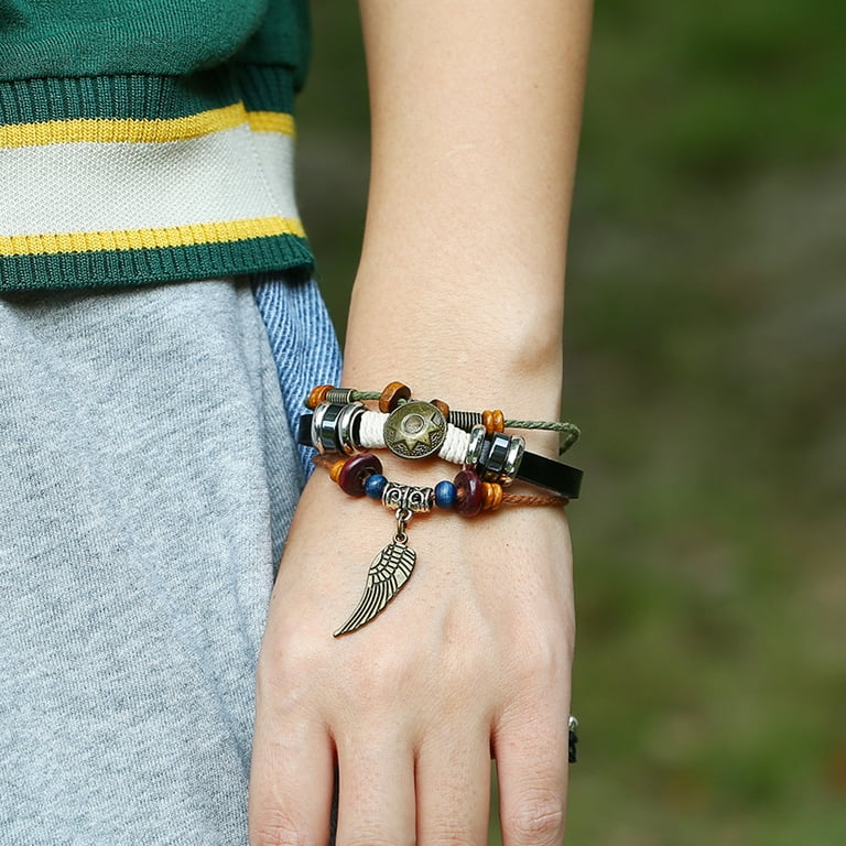 opvise Charm Bracelet Multi Layer Exquisite Feather Pendant
