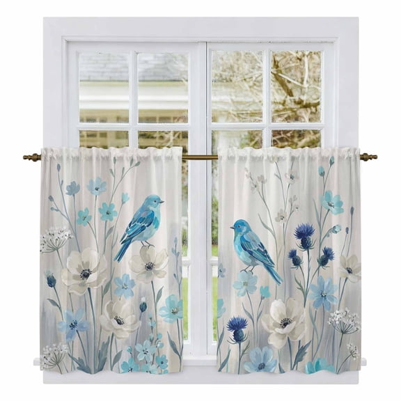 Blue Flowers Kitchen Curtains 45 Inch Length, Spring Birds Rustic Floral Pastoral Plants Tiers Curtains for Bathroom Bedroom Cafe, Light Filtering Small Window Treatment Drapes 2 Panels 42"Wx45"L