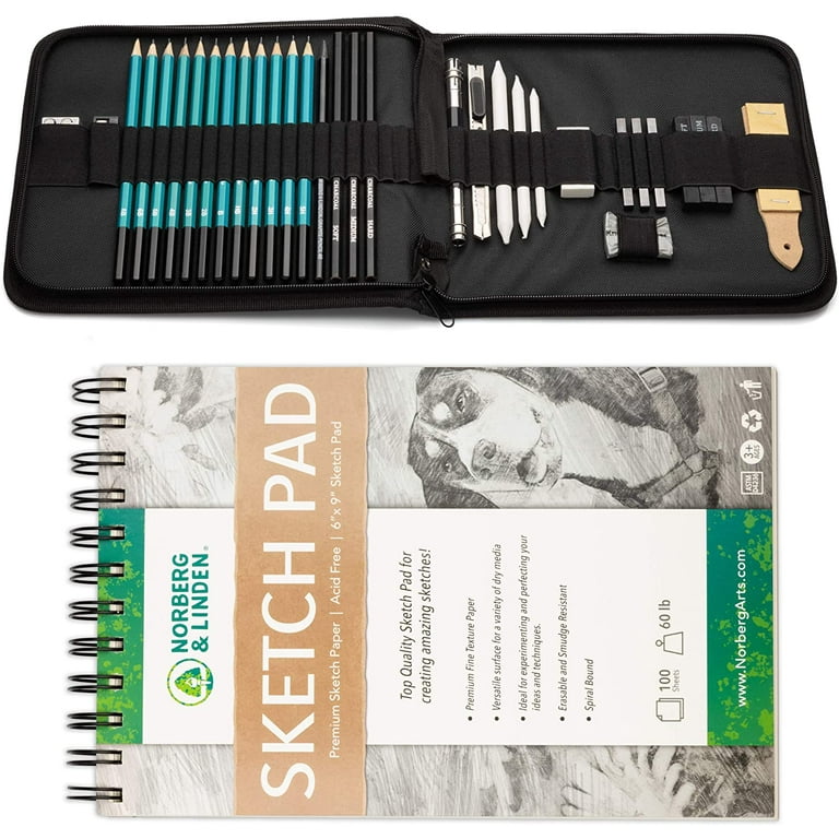 Norberg & Linden XL Drawing Set - Sketching, Graphite and Charcoal Pencils.  Includes 100 Page Drawing Pad, Kneaded Eraser, Blending Stump. Art Kit and