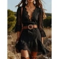 thumbnail image 2 of Black Boho Western Lace Mini Dress With Deep V Neck, Scalloped Trim, Bell Sleeves, Belted Waist, 2 of 8