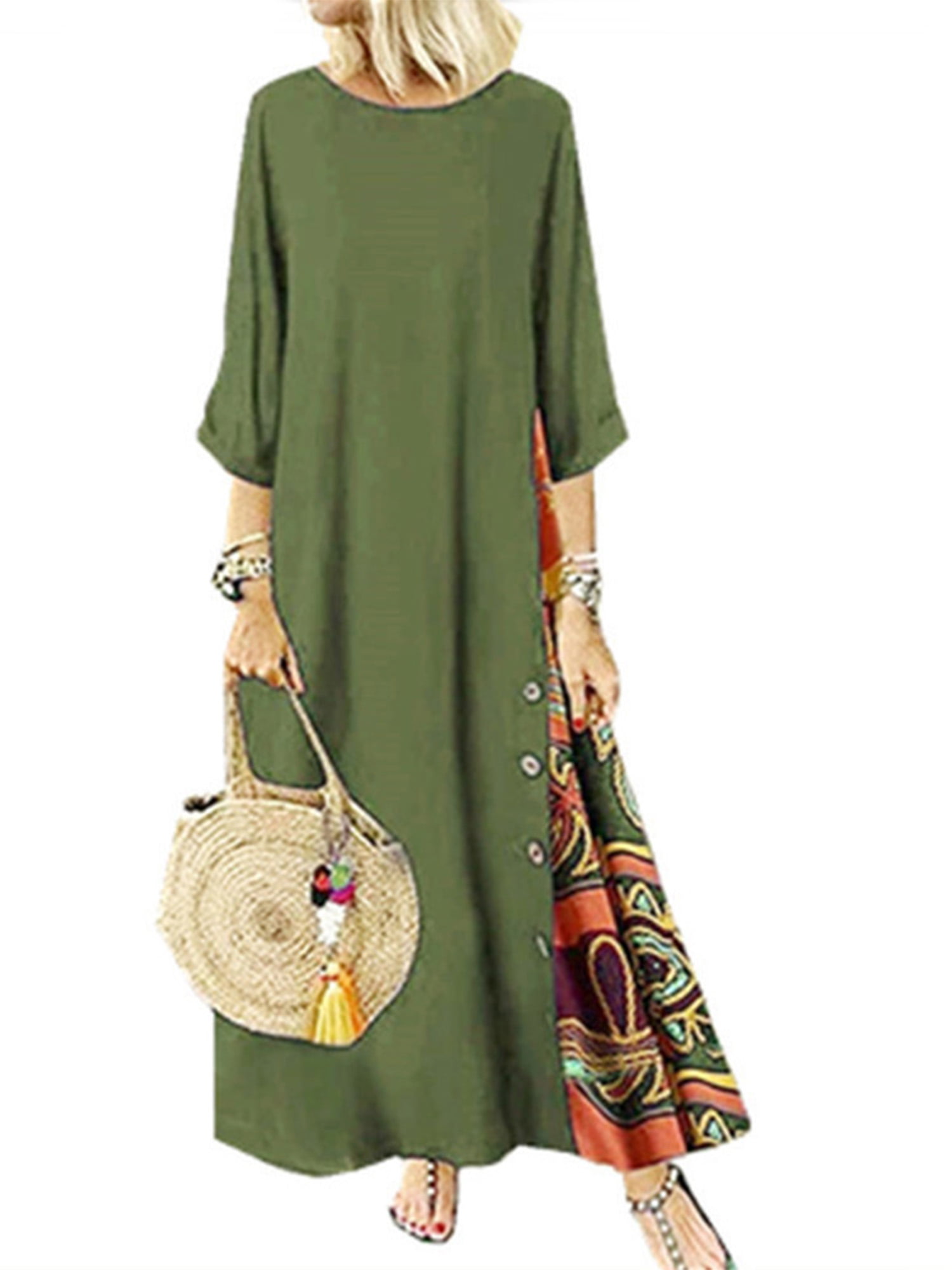 Women Vintage Floral Print Kaftan Caftan Loose Long Maxi Shirt Dress Sundress US