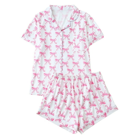 Arlun Women's 2 Piece Pajama Sets Lightweight Fall Pajamas Cute Polka Dots Bow Printed Pjs Set Button down Short Sleeve Shirts and Loose Shorts Loungewear White2 XL