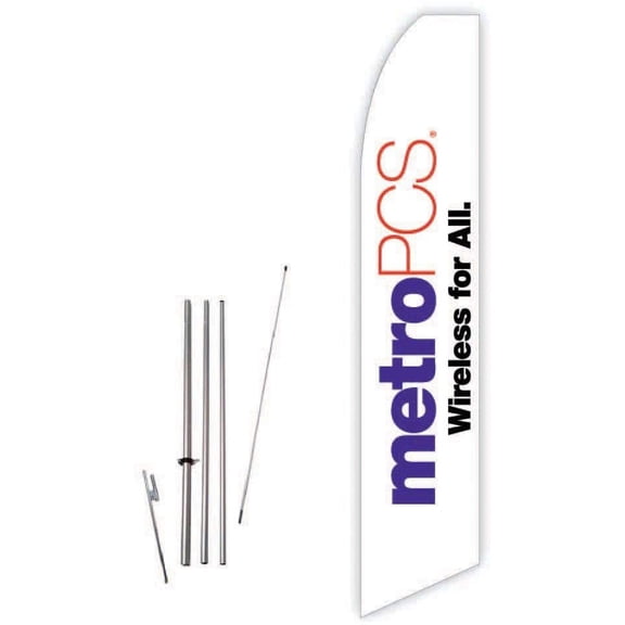 Metro PCS Wireless for All White Super Novo Feather Flag - Complete with 15ft Pole Set and Ground Spike