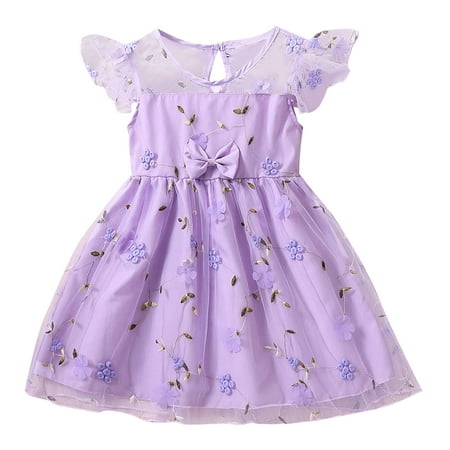

Girls Fashion Dresses Toddler Fly Sleeve Bowknot Floral Embroidery Tulle Dress Dance Party Princess Dresses Clothes For 6-7 Years