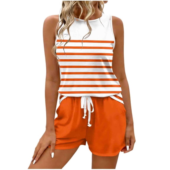 Fengactive Womens Striped Tank Set Crew Neck Sleeveless Top and Contrast Drawstring Shorts