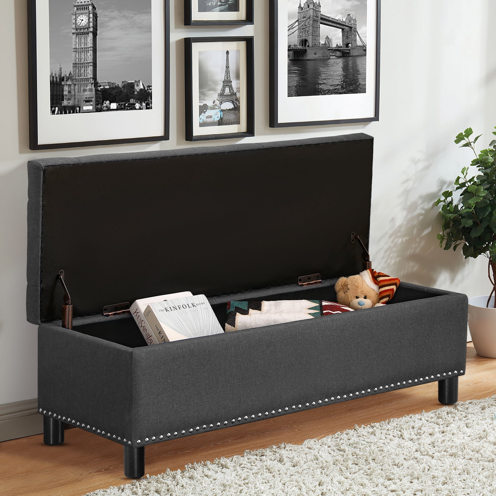 Furniliving Modern Upholstered Button Tufted Storage Ottoman Entryway Bench for Bedroom Livingroom, Dark Grey