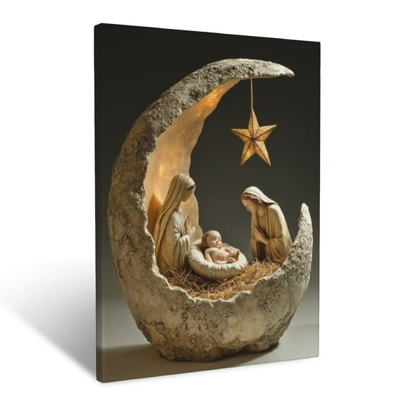 CozyNet Serene Nativity Scene Baby Jesus In Manger With Mary, Joseph & The Star Of Bethlehem Wall Art Prints With Frame Canvas Perfect for Living Room & Bedroom, Ready to Hang, Wall Decor 12"x16"