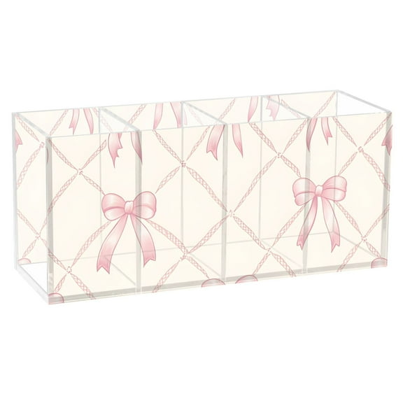 Pen Holder 4 Compartments Acrylic Pencil Cup Desktop Makeup Organizer Office Supplies Pink Bow and Plaid