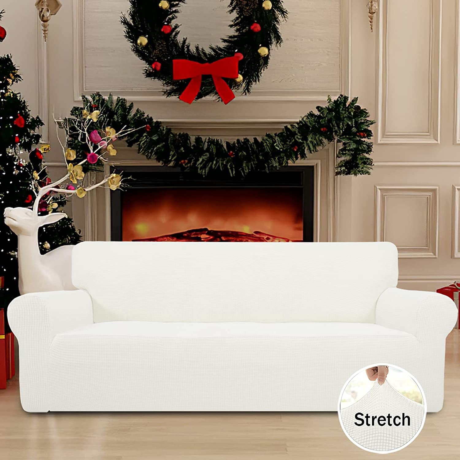 Wehilion Stretch Oversized Sofa Slipcover 1-Piece Sofa Cover Furniture Protector Couch Soft with Elastic Bottom for Kids, Polyester Spandex Jacquard Fabric Small Checks Christmas Red