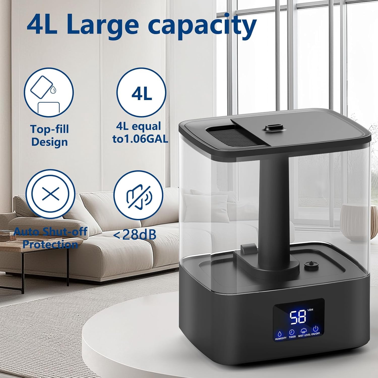 4L Top Fill Humidifiers for Bedroom & 60H Runtime - Cool Mist Humidifier, 3 Mist Levels, 8H Timer, Essential Oil Tray, Humidity Display, Quiet for Bedroom, Baby, Plants, Large Room (Black, 4L)
