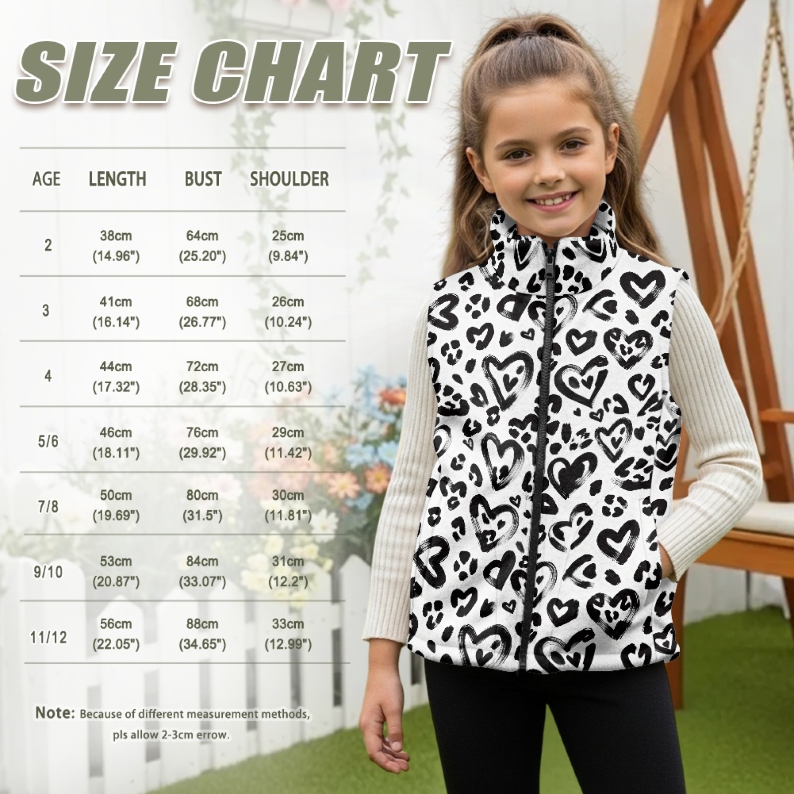 Xoenoiee Heart Leopard Print Girls Fleece Vest Lightweight Sleeveless Jacket Full Zip Running Vest Stand Collar Fall Winter Clothing, Size 3T