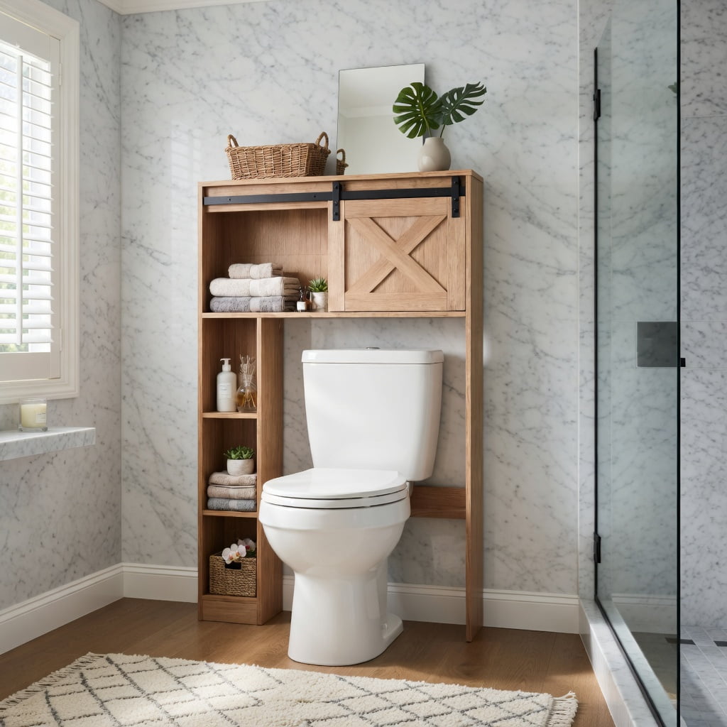 Hommoo 4-Tier Over-the-Toilet Storage Cabinet with Sliding Barn Door, Engineered Wood Bathroom Organizer for Toilets, Laundry Rooms, Rustic Brown