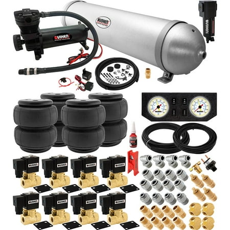 8 Valve Full Suspension System with 5 Gallon (18 Liter) Aluminum Tank, 200 PSI Black Compressor, Four 2600-type Airbags, Gauges, Watertrap, Fittings and Hoses