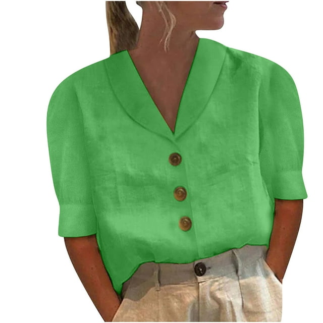 Blusa con botones sueltos de color sólido con cuello en V informal de manga media para mujer OAVQHLG3B Store lin121212