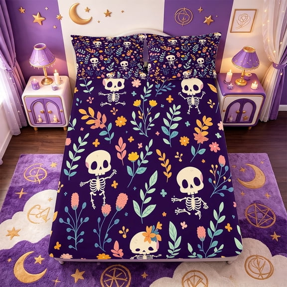 Manfei Cartoon Skull Fitted Sheet Full,Flying Bat Print Halloween Bed Set,3 Pieces,1 Fitted Sheet and 2 Pillowcases