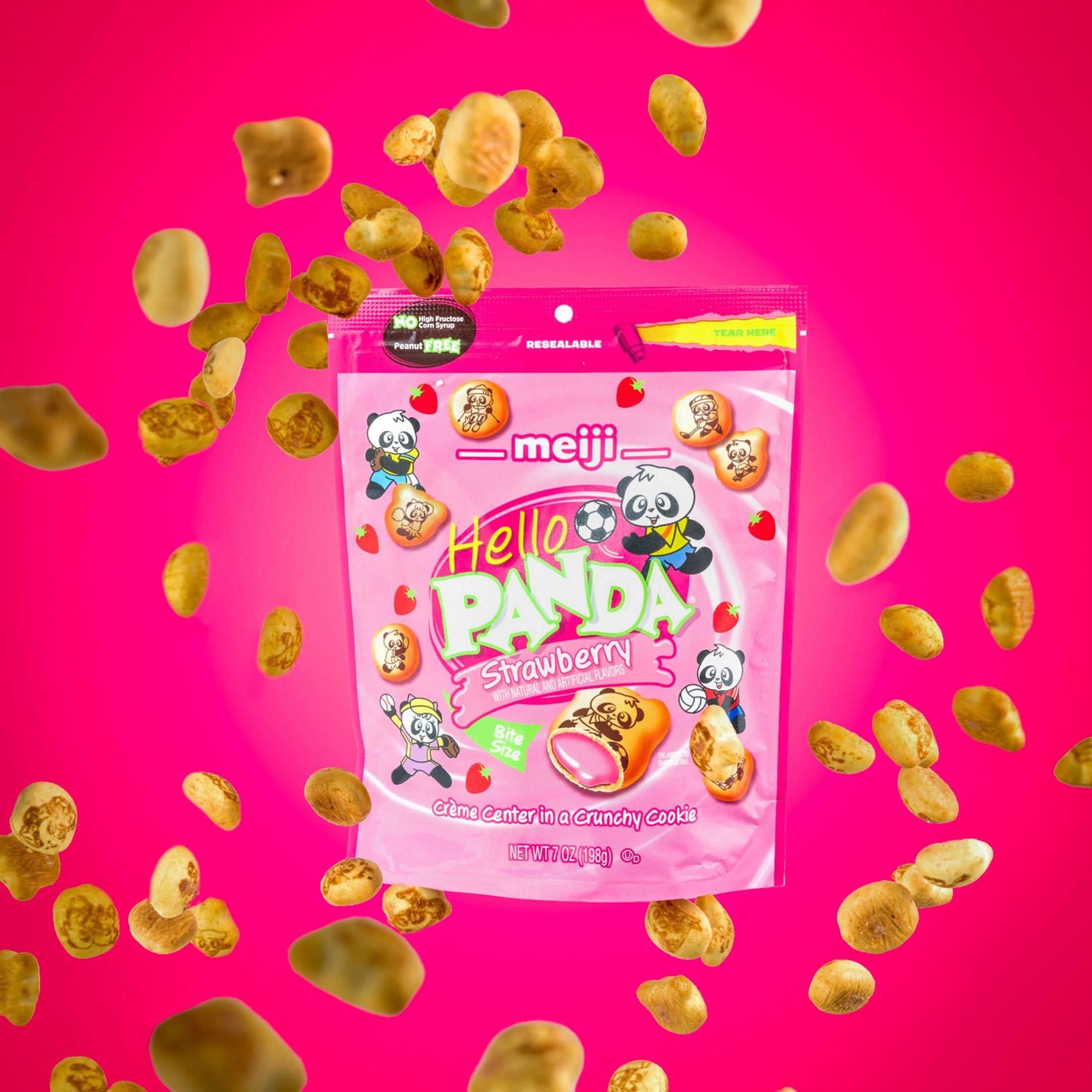 Meiji Hello Panda Strawberry Cookies, 7oz Resealable Pouch, Bite