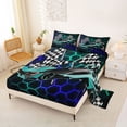 thumbnail image 2 of Erosebridal Speed Sports Car Queen Sheet Sets for Kids Boys, Neon Teal Blue Honeycomb Bed Set, 1 Flat Sheet, 1 Fitted Sheet and 2 Pillowcases, 2 of 5
