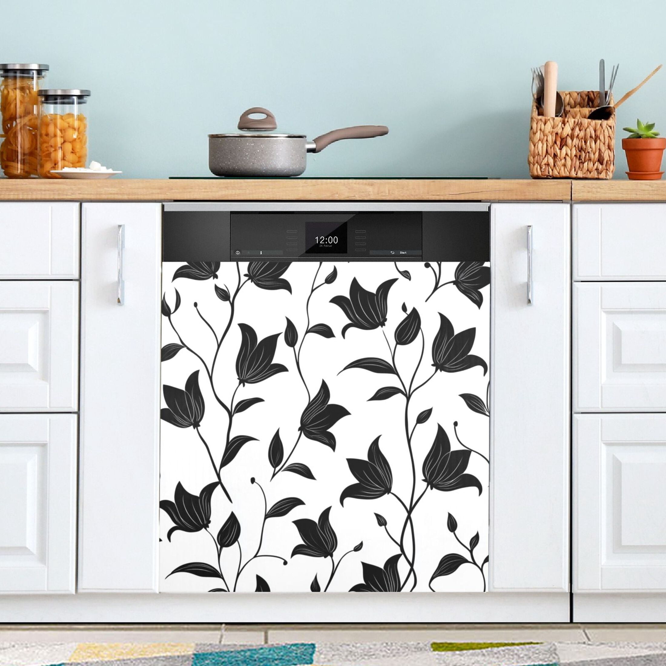 Dishwasher Magnetic Sticker 23x26 Inch Refrigerator Magnetic Sticker Washing Machine Magnetic Sticker Kitchen Panel Magnetic Sticker Home Decor Black Cartoon Flower