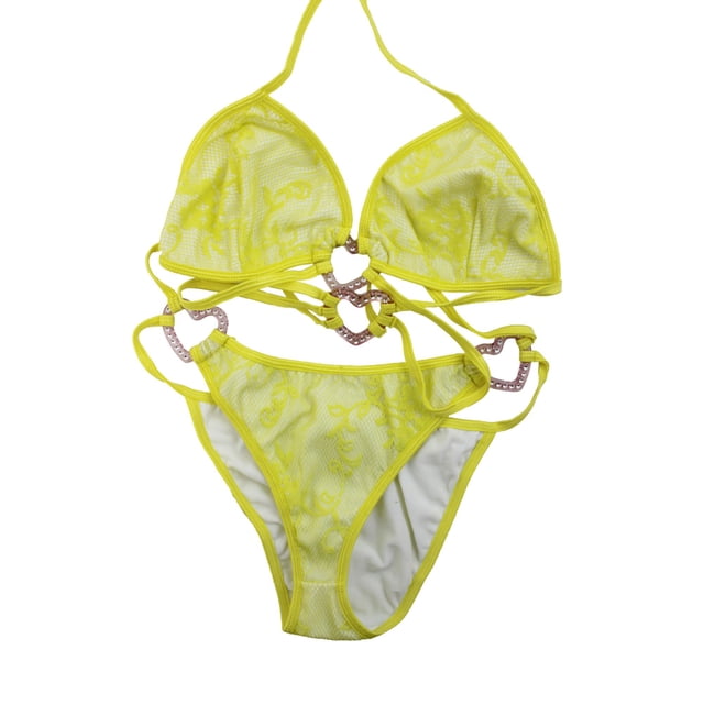 Conjunto de bikini Monokini con espalda completa y encaje Traje de baño con hebillas de corazón Conjunto de bikini con tiras, para usar como bikini o lencería, O / S, amarillo neón Flirtzy 02006-Yellow