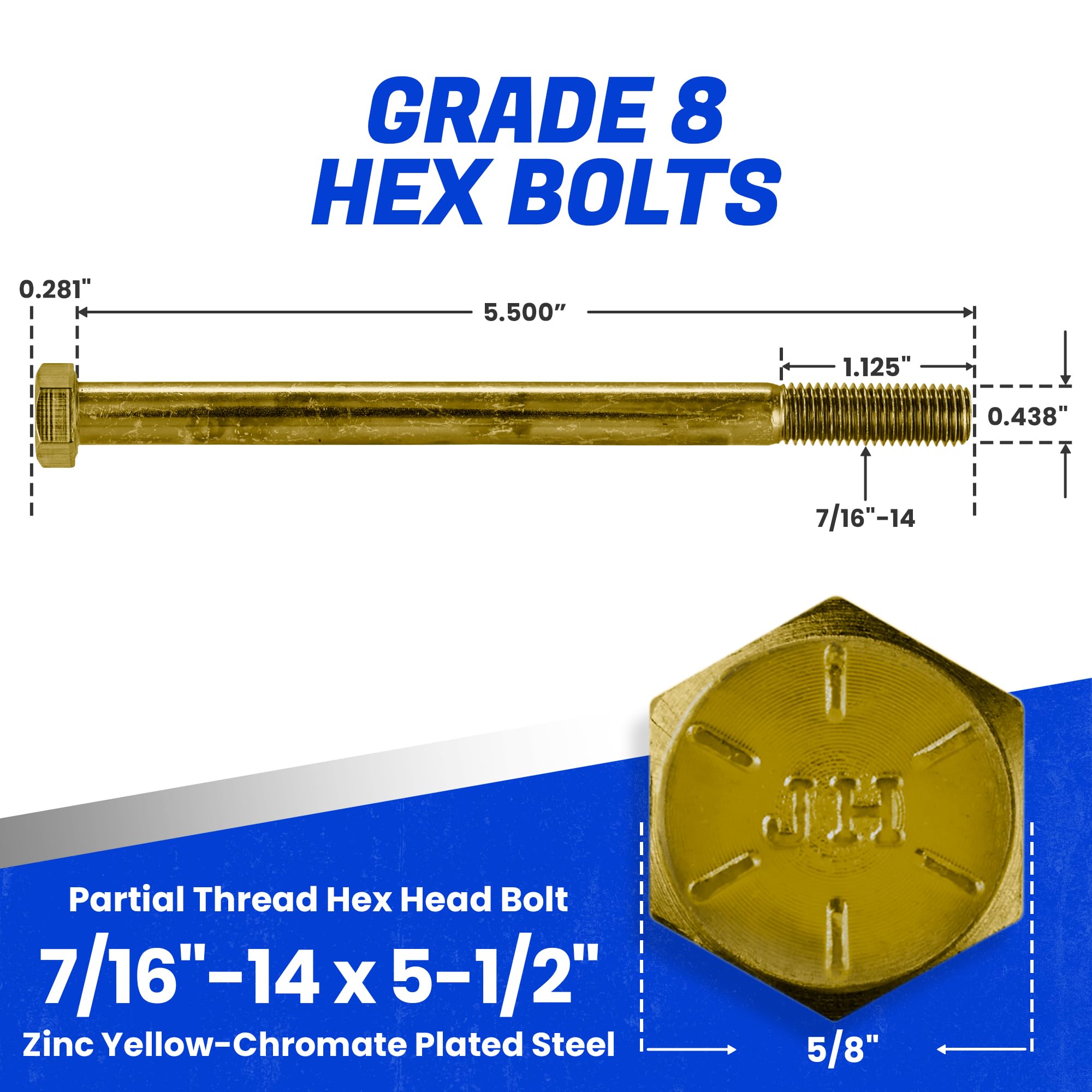 Fastenere 7/16"-14 x 5-1/2" Hex Bolts Grade 8 Zinc Yellow-Chromate Plated Steel, Partial Threaded Durable Hex Bolts for Machinery & Construction, Rust-Resistant, Heavy-Duty Fasteners, Pack of 5