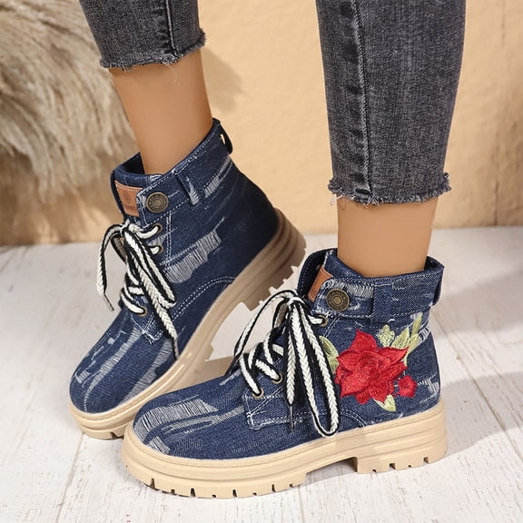 Wowcloth Women's Fashion Casual Floral Lace-Up Ankle Boots - Thick Platform Slip-On with Versatile Styling for Everyday Wear and Comfortable Footwear