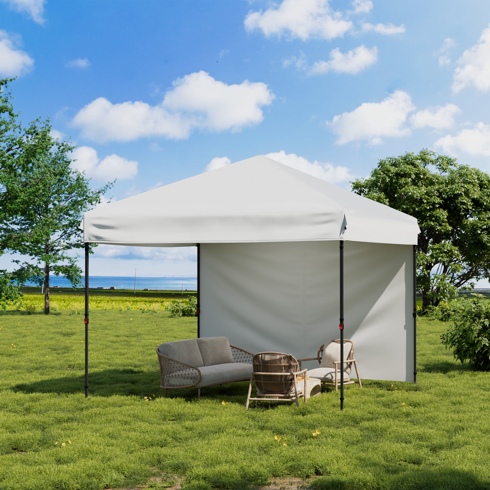 Heavy Duty Pop Up Canopy Tent 10x10 FT, Waterproof & UV-Resistant Outdoor Shelter,1 Removable Sidewall, One-Person Easy Setup, Adjustable Height Roller Bag & 4 Weight Bags Garden, Beach, Picnic,White