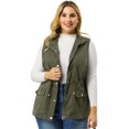 thumbnail image 4 of Women's Plus Size Utility Vest Stand Collar Cargo Pocket Drawstring Waist Sleeveless Jacket ArmyGreen 1X, 4 of 7
