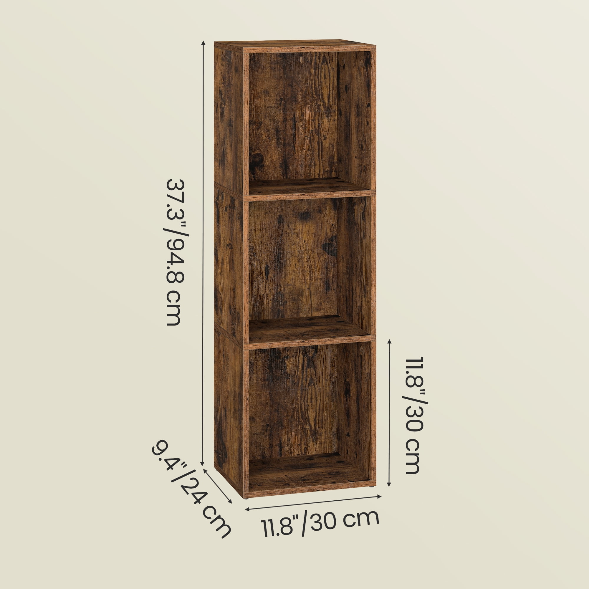 LEDREM 3-Tier Bookshelf with Adjustable Open Shelves, Tall Bookcase Space-Saving for Living Room Home Office, Rustic Brown