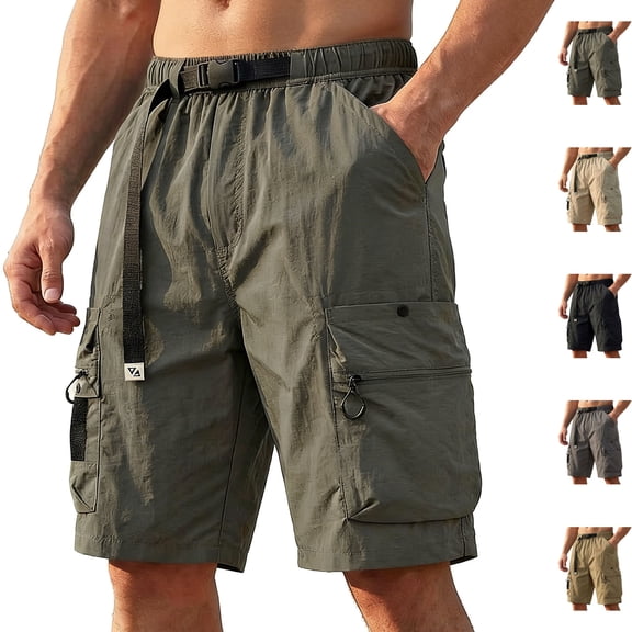 Men's Fishing Cargo Shorts Quick Dry Work Shorts 9" Lightweight Outdoor Hiking Short Pants with Built-in Belt, Summer Utility Shorts with 6 Pockets & Keyring