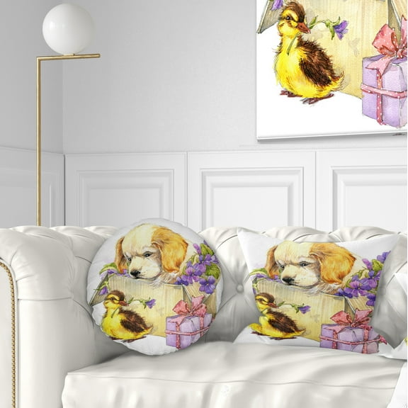 Designart Cute Puppy Dog and Duck - Contemporary Animal Throw Pillow - 12x20