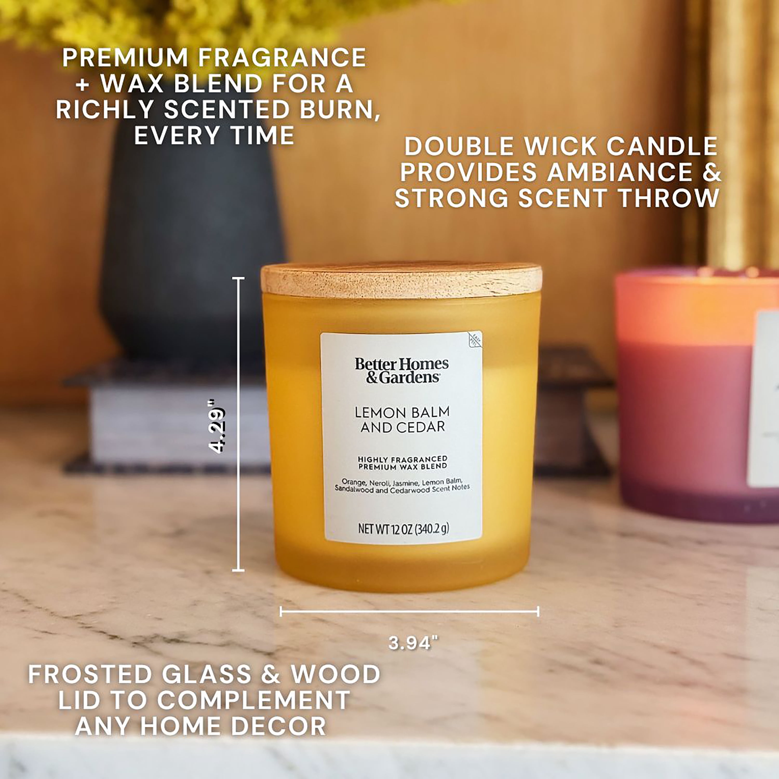 Better Homes and Gardens Lemon Balm and Cedar Scented 2-Wick Frosted Jar Candle 12oz.